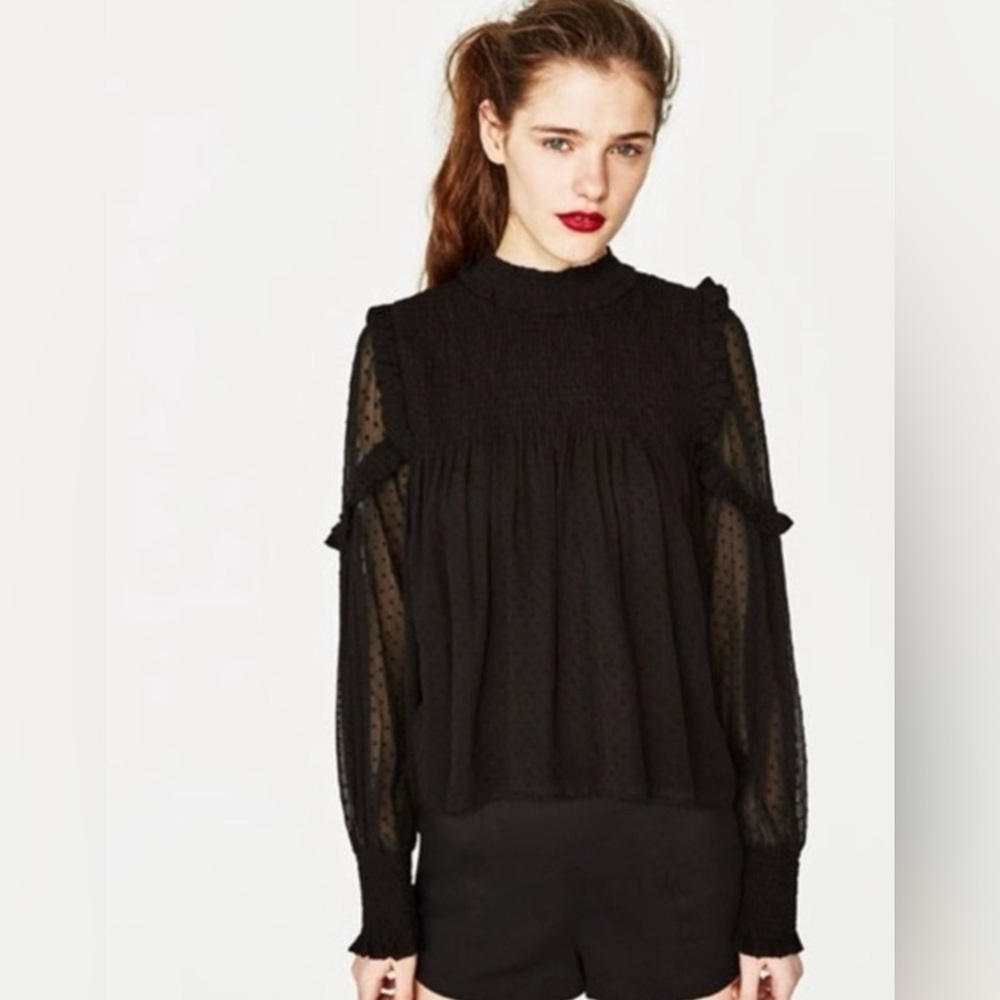 Zara Trafaluc Collection Plumetis Black Sheer Blouse